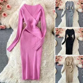 Женское осенне-весеннее платье трикотажное облегающее эластичное полосатое платье с V-образным вырезом в винтажном сплошном цвете с узкой талией противоусадочное платье-футляр миди с длинным рукавом вечерние чёрный