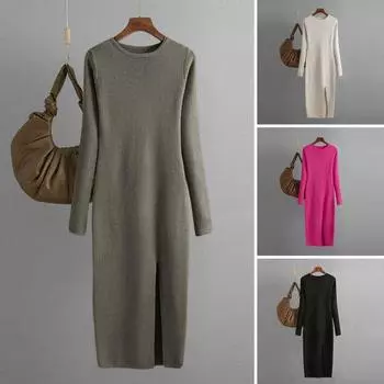 Женское осенне-весеннее платье, вязаное однотонное платье с разрезом по краю, с длинными рукавами и круглым вырезом, облегающее до середины икры, эластичное мягкое платье-футляр, женское платье миди легкие хаки