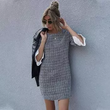 Женское осенне-весеннее повседневное платье, короткое мини-карандаш с рукавами-бабочками и высокой талией, круглым вырезом, клетчатое лоскутное черное, S-XL S чёрный