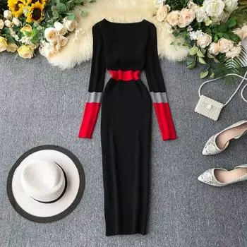 Женское осенне-весеннее вязаное платье-свитер, модное лоскутное платье с v-образным вырезом, тонкие эластичные облегающие пуловеры, вязаные платья One Size чёрный