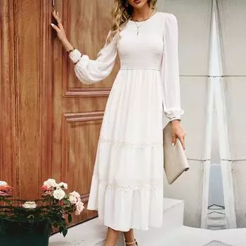 Женское осенне-зимнее элегантное длинное платье с круглым вырезом и длинным рукавом с высокой талией S бежевый