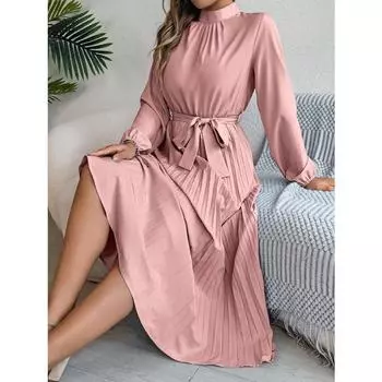 Женское осенне-зимнее элегантное длинное платье с воротником-стойкой и длинными рукавами на талии S бордовый