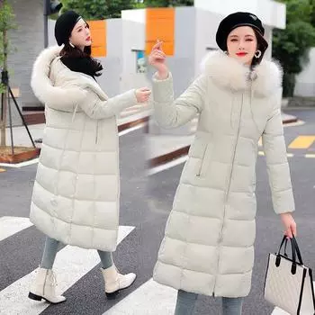 Женское осенне-зимнее большое пуховое хлопковое пальто с утолщенным большим меховым воротником выше колена, облегающее длинное пальто 2XL чёрный