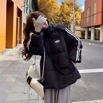 Женское осенне-зимнее черное пуховое хлопковое пальто, модное новое пальто из хлеба, свободное утолщенное межсезонное хлопковое пальто и куртка S