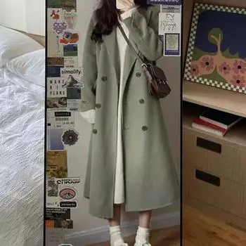 Женское осенне-зимнее длинное шерстяное пальто с лацканами и длинными рукавами, двубортная верхняя одежда с карманами, однотонное теплое женское пальто S чёрный