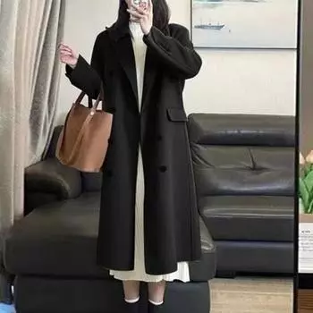 Женское осенне-зимнее длинное шерстяное пальто с лацканами и длинными рукавами, двубортная верхняя одежда с карманами, однотонное теплое женское пальто XL светло-зеленый