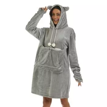 Женское осенне-зимнее фланелевое повседневное домашнее платье-толстовка средней длины с большим карманом и капюшоном L чёрный