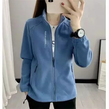 Женское осенне-зимнее флисовое пальто больших размеров на молнии с воротником-стойкой, повседневное свободное пальто для улицы с длинным рукавом, кардиган, куртка XXL чёрный