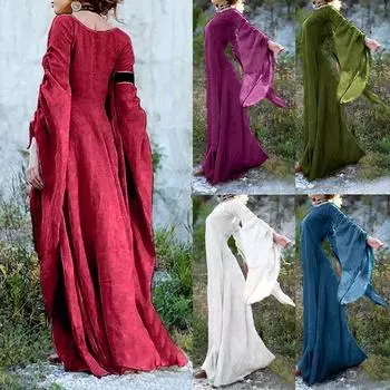 Женское осенне-зимнее готическое ретро однотонное бальное платье с длинным рукавом макси-платье L синий