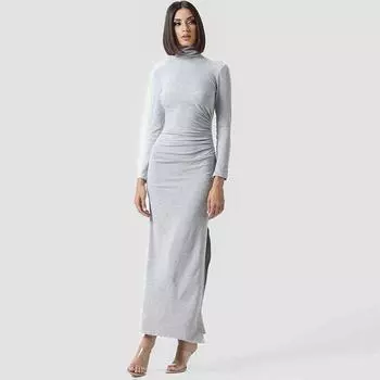Женское осенне-зимнее качественное однотонное облегающее платье с высоким воротом, длинными рукавами и разрезом, с запахом и ягодицами S серый