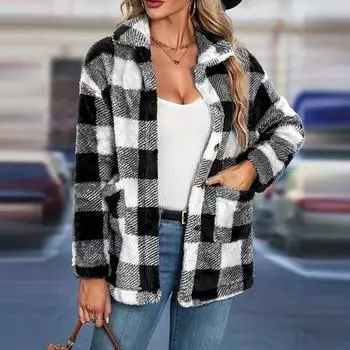 Женское осенне-зимнее клетчатое пальто с лацканами, клетчатый топ Temperament, свободный утолщенный кардиган с длинными рукавами, удобный свитер M