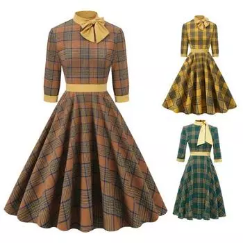 Женское осенне-зимнее клетчатое платье трапециевидной формы с галстуком-бабочкой, полувысоким воротником и рукавами 3/4, платье миди с большим подолом, ретро-платье M кофейный