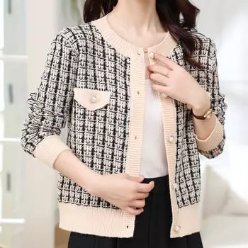 Женское осенне-зимнее короткое пальто Thousand Bird Grid свитер для верхней одежды с круглым вырезом и длинными рукавами кардиган One Size(45-61kg) абрикосовый