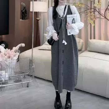 Женское осенне-зимнее милое трикотажное платье с V-образным вырезом сзади one size fits all серый