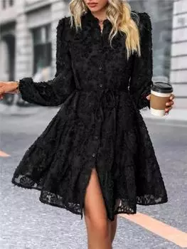 Женское осенне-зимнее модное элегантное шифоновое платье с длинным рукавом и v-образным вырезом, повседневное платье трапециевидной формы до колена с высокой талией S чёрный