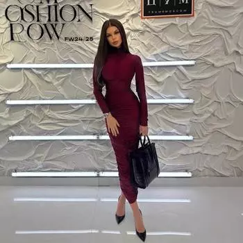 Женское осенне-зимнее модное облегающее платье с длинными рукавами и складками, длинное платье с сумкой на бедрах S красный