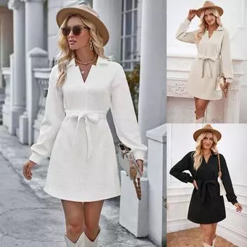 Женское осенне-зимнее модное однотонное платье с длинным рукавом и шнуровкой на талии L бежевый