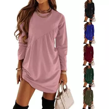 Женское осенне-зимнее модное платье с длинными рукавами и круглым вырезом, асимметричное платье с воротником-стойкой, свободное мини-платье S зелёный