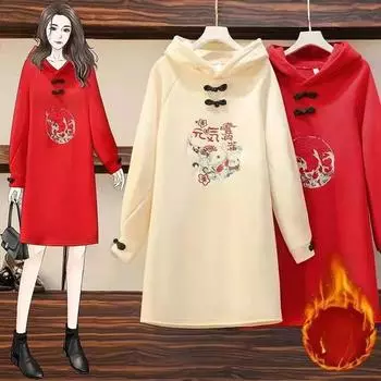 Женское осенне-зимнее модное платье-свитер в китайском стиле из бархата и толстого хлопка, можно носить до 150 кг XXXL красный