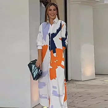 Женское осенне-зимнее модное повседневное свободное платье-рубашка с принтом для женщин повседневные платья S