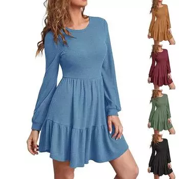 Женское осенне-зимнее модное темпераментное однотонное платье с круглым вырезом и длинными рукавами
