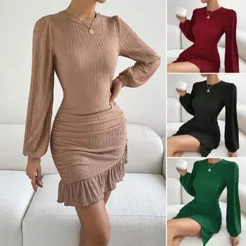 Женское осенне-зимнее модное трикотажное облегающее платье с длинными рукавами, S хаки