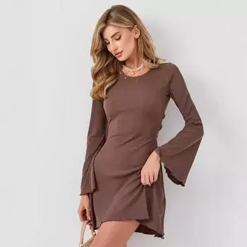 Женское осенне-зимнее модное трикотажное платье из чистого хлопка с длинными рукавами и завернутыми ягодицами, повседневные платья на шнуровке S чёрный