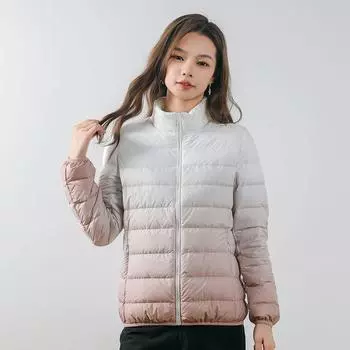 Женское осенне-зимнее новое флисовое легкое пуховое пальто 90, женское пальто с воротником-стойкой с градиентным контрастом 4XL