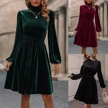 Женское осенне-зимнее новое модное бархатное платье с рукавами-фонариками S зелёный