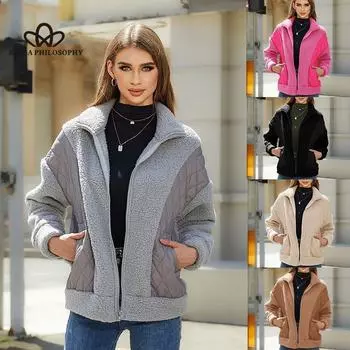 Женское осенне-зимнее новое модное кардиган с длинным рукавом на молнии, женское пальто с плюшевой строчкой, повседневное теплое свободное пальто S серый