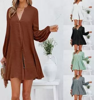 Женское осенне-зимнее новое повседневное свободное платье с v-образным вырезом, однотонное короткое платье с длинными рукавами S чёрный