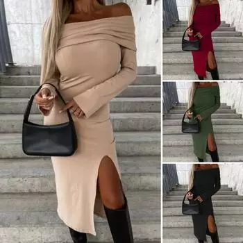 Женское осенне-зимнее облегающее платье с открытыми плечами и длинными рукавами с разрезом подол, облегающее облегающее вечернее платье миди, сплошное цветное платье с запахом бедра 2XL армия зеленый