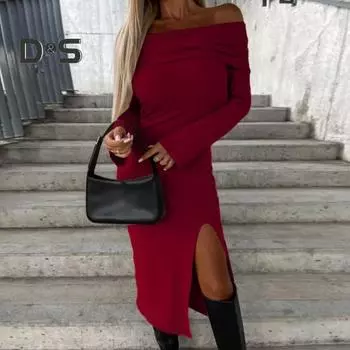 Женское осенне-зимнее облегающее платье с открытыми плечами и длинными рукавами с разрезом подол, облегающее облегающее вечернее платье миди, сплошное цветное платье с запахом бедра 2XL армия зеленый