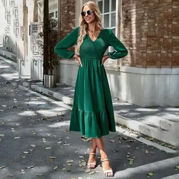 Женское осенне-зимнее однотонное элегантное кружевное платье средней длины с v-образным вырезом и высокой талией S королевский синий