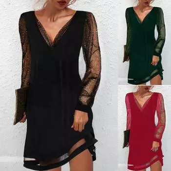 Женское осенне-зимнее однотонное кружевное платье-пуловер с V-образным вырезом и длинными рукавами