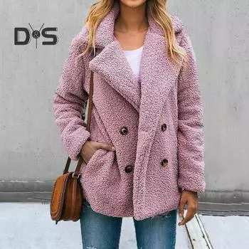 Женское осенне-зимнее однотонное пальто с лацканами, длинный рукав, двубортное пышное плюшевое пальто, карманы, свободная куртка XL розовый
