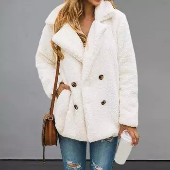 Женское осенне-зимнее однотонное пальто с лацканами и длинными рукавами, двубортное пышное плюшевое пальто, свободная куртка с карманами XL розовый