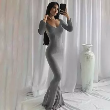 Женское осенне-зимнее однотонное платье макси, сексуальное тонкое платье с v-образным вырезом и длинным рукавом длиной до пола, платья «рыбий хвост» S