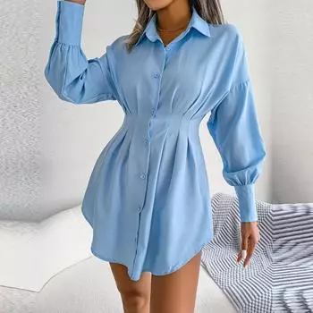 Женское осенне-зимнее однотонное платье с воротником-фонариком и высокой талией, асимметричное платье-рубашка S синий