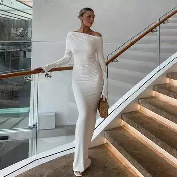 Женское осенне-зимнее однотонное платье с открытыми плечами и длинными рукавами в стиле темперамент для поездок на работу S белый