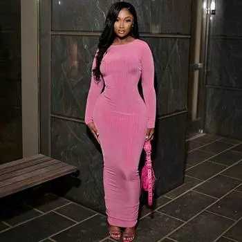 Женское осенне-зимнее однотонное платье с круглым вырезом и длинным рукавом, тонкое вечернее платье в стиле темперамент S коричневый