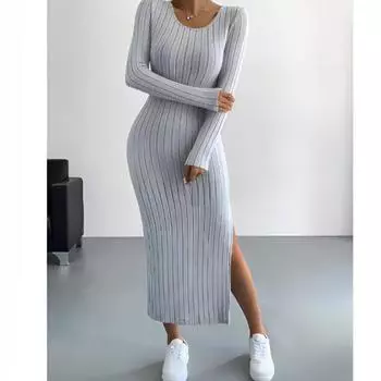 Женское осенне-зимнее однотонное платье с длинными рукавами, сексуальное, с разрезом, длинное, повседневное, удобное, с круглым вырезом L чёрный