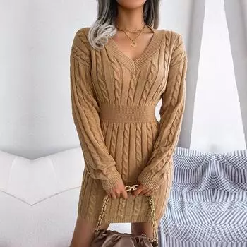 Женское осенне-зимнее однотонное платье-свитер с высокой талией и V-образным вырезом и длинными рукавами SL S синий