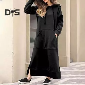 Женское осенне-зимнее однотонное платье-толстовка с капюшоном и шнурком с длинным рукавом, передним карманом и боковым разрезом, макси-платье XL хаки