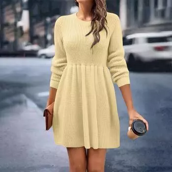 Женское осенне-зимнее однотонное повседневное платье-свитер с круглым вырезом Babydoll L бежевый