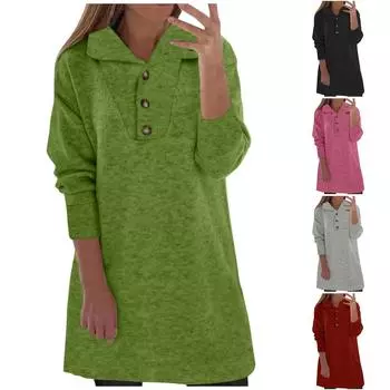 Женское осенне-зимнее однотонное пуловер с длинными рукавами и пуговицами с лацканами, повседневное платье