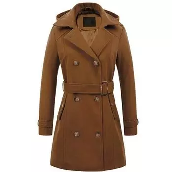 Женское осенне-зимнее однотонное шерстяное пальто с капюшоном, приталенный фасон, теплая куртка для поездок на работу 3XL чёрный