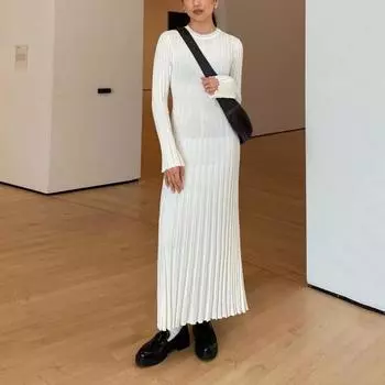 Женское осенне-зимнее однотонное трикотажное платье с круглым вырезом и длинными рукавами, облегающее макси-платье в рубчик, длинное облегающее платье S чёрный