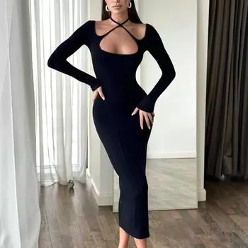 Женское осенне-зимнее однотонное трикотажное платье с длинными рукавами, сексуальное облегающее платье с запахом на бедрах S чёрный