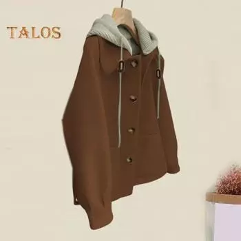 Женское осенне-зимнее пальто, имитация двухкомпонентного трикотажного капюшона, однобортная куртка с длинными рукавами, свободная повседневная верхняя одежда на каждый день L кофейный
